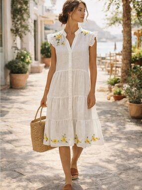 Saks Fifth Avenue Linen Embroidered Dress White Tiered Ruffle Sleeve Size Med